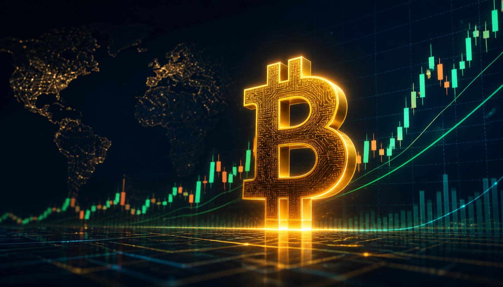 Golden Bitcoin symbol in front of a rising candlestick price chart