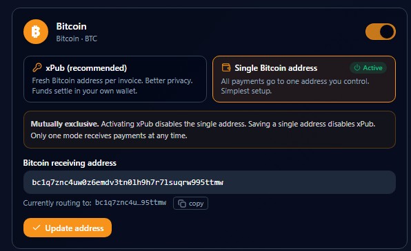 Single Bitcoin address setup screen