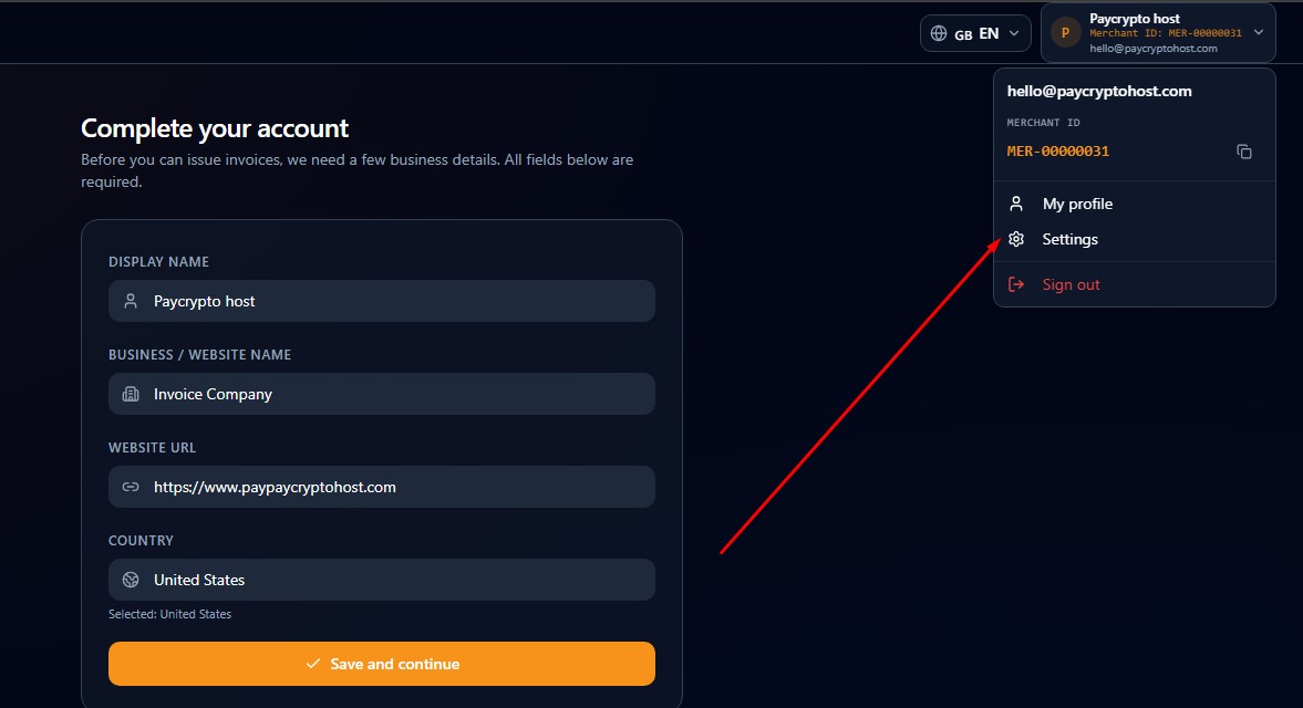 Settings — company details and coin configuration