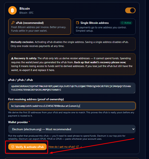 xPub / master public key configuration